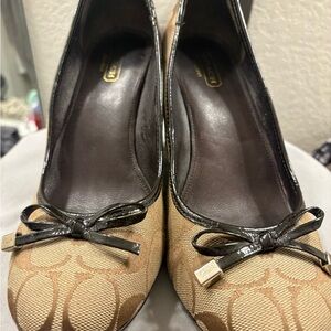 Coach Tan and Black Heels with Bow Accent